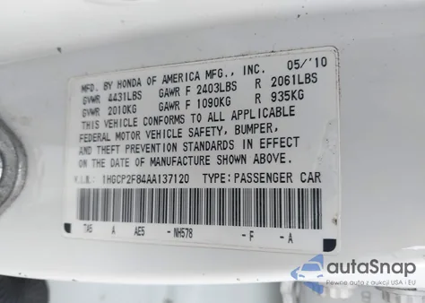 2010 Honda Accord 2.4 Ex-L from USA, damaged, VIN 1HGCP2F84AA137120